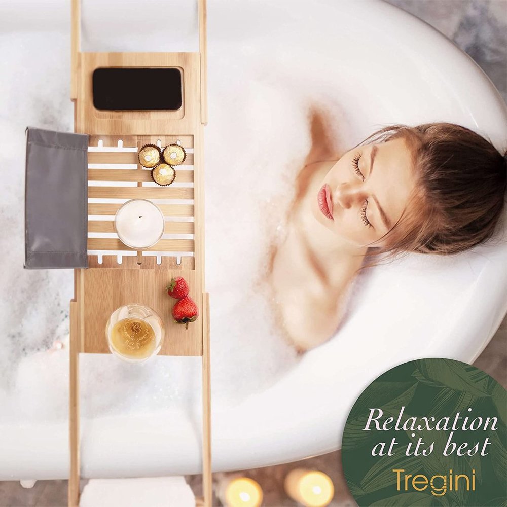 Premium Bath Caddy | Extendable Bamboo Wood Bathtub Tray w/Adjustable Rack
